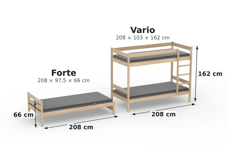 Rozmery postelí Forte (208 × 97,5 × 66 cm) a Vario (208 × 103 × 162 cm)