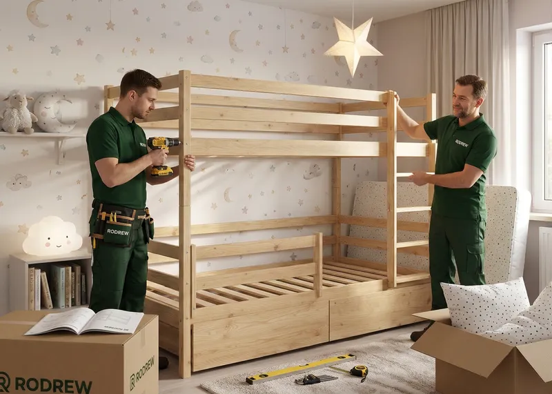 Montážnici skladajú drevenú poschodovú posteľ